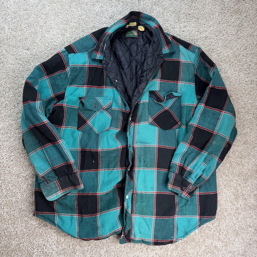 Vintage Pine Grove Jacket Mens XL Green Plaid Quilted Flannel Lined Shacket